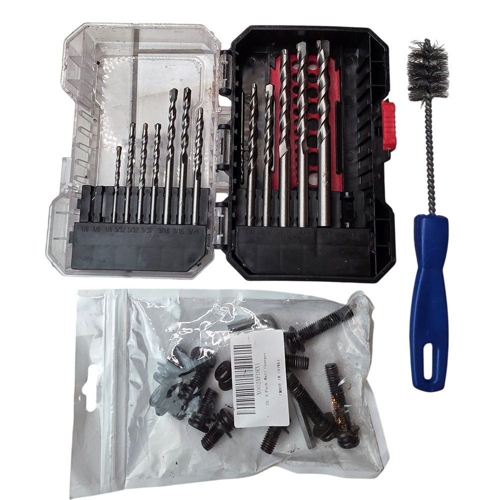 Masonry Drill Bit Set Case Wire Cleaning Brush and Assorted Hardware Bolt Kit K2